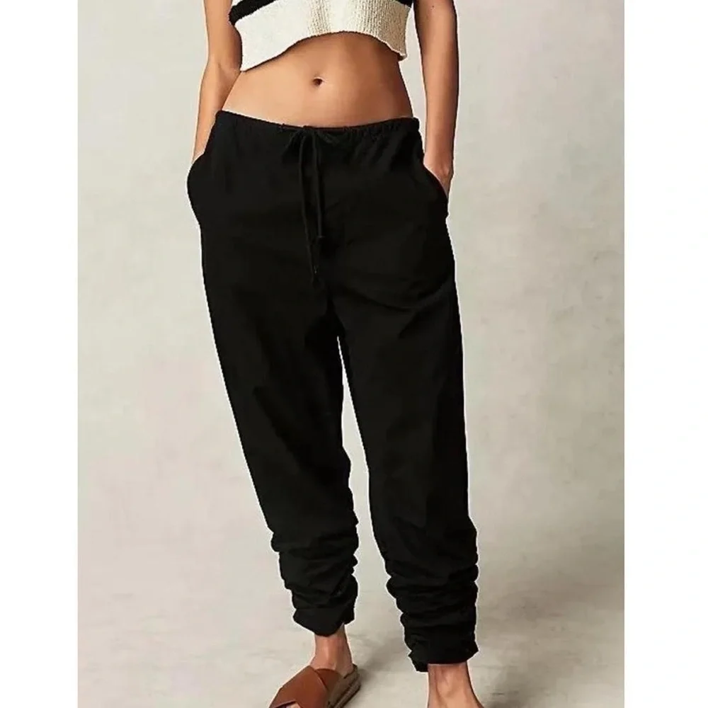 Free People Black 100% Cotton New Light Parachute Slouchy Low Rise Pants NWT XS